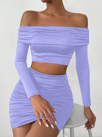 Women's Pleated Off-The-Shoulder Short Crop Top And Skirt Two Piece Set
