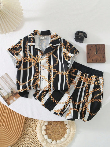 Young Boy Striped Chain Print Short Sleeve Shirt And Shorts Set