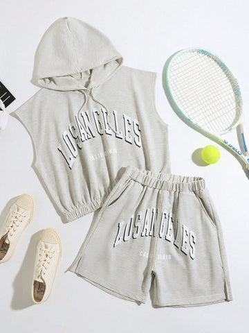 Women's Letter Print Drawstring Hoodie And Shorts Set