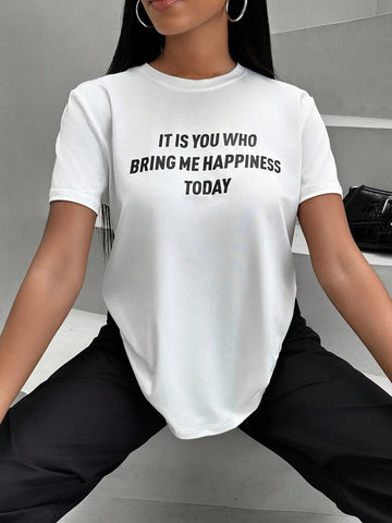 Women's Slogan Printed Round Neck T-Shirt
