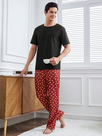Men's Solid Color Short Sleeve T-Shirt And Printed Pants Homewear Set