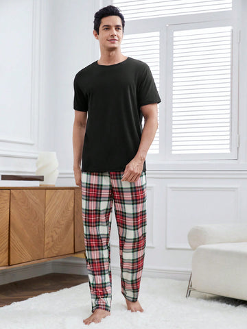 Men's Solid Color Short Sleeve T-Shirt And Plaid Pants Homewear Set