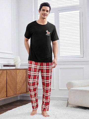 Men's Small Dog Print Short Sleeve T-Shirt And Plaid Pants Homewear Set