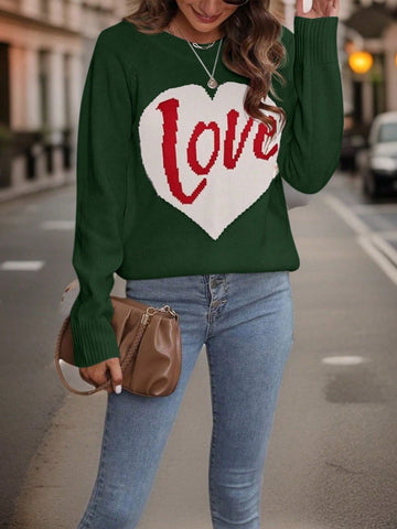 Plus Size Heart And Letter Pattern Raglan Long Sleeve Sweater