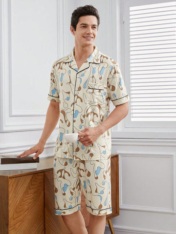 Men's Full Print Design Contrast Piping Pajama Set For Home