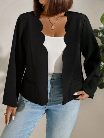 Plus Size Shell Edge Decorated Open Front Blazer Jacket