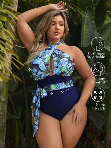 Plus Size Women's Cross Design One-Piece Swimsuit With Plant Print Bathing Suit