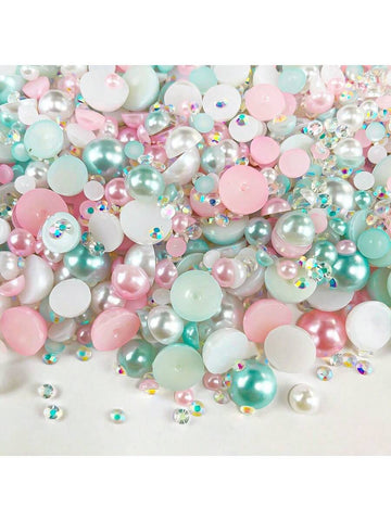 1100pcs Flatback Pearls & Rhinestones, 30g Mixed Size 3mm-10mm Ab Color Resin Rhinestones In Pink, Blue, And White, Half Round Flatback Pearl Rhinestones, Suitable For Nail Art, Face Art, Crafts, Jewelry Making, Decoration For Bottles, Cups, Clothing, Sho