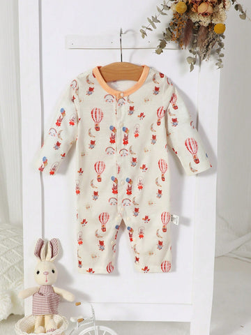 Cute Baby Girls' Casual With All-Over Hot Air Balloon And Animal Digital Print, Front Zipper, Long Sleeve, Home Clothes