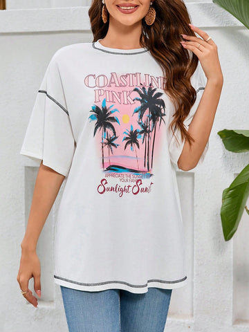Women's Coconut Tree & Letter Print Drop Shoulder T-Shirt With Contrast Stitching