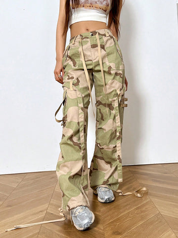 Women's Camouflage Tassel Detail Decorated Long Pants