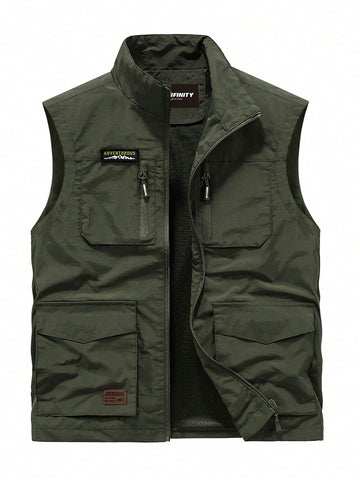 Loose Fit Men's Vest Jacket With Letter Patched Detail And Flap Pockets