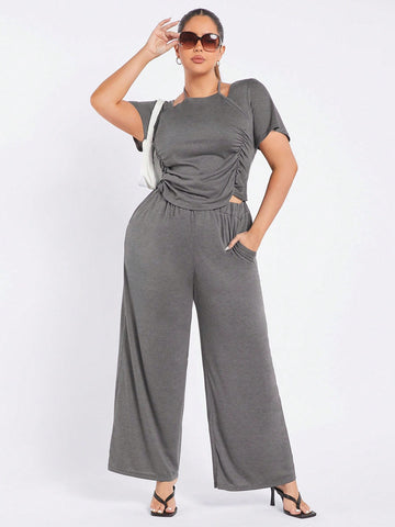 Plus Size Women's Summer Vacation Grey Pleated Halterneck T-Shirt And Long Pants Two Piece Set