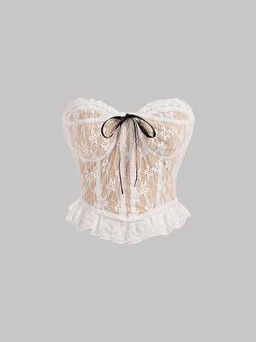 White Lace Patchwork Khaki Strapless Top For Women