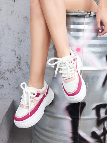 Women's Thick-soled Sports Shoes, Girls' Casual Sports Shoes, Pink, Cute, Lace-up, Breathable Mesh