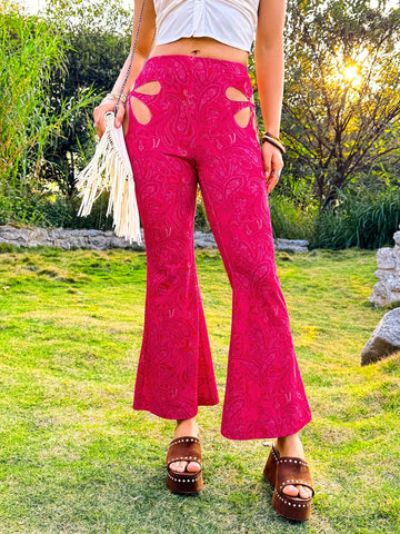 Hippie Women's Casual Bohemian Style Mid-Waist Knitted Flared Pants With Side Slit And Floral Hollow Out Design, Ideal For Vacation