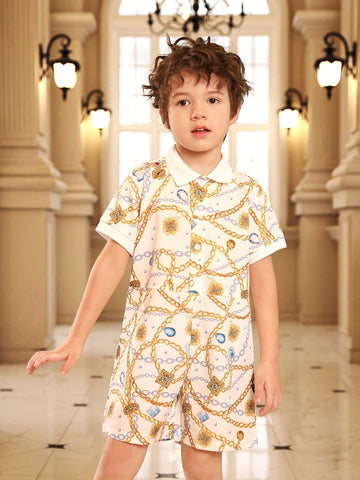 Young Boys' Chain Print Button Front Half-Placket Romper