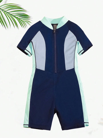 Boys' Casual Color Block Stand Collar Front Zip Half Placket Knitted Swimsuit