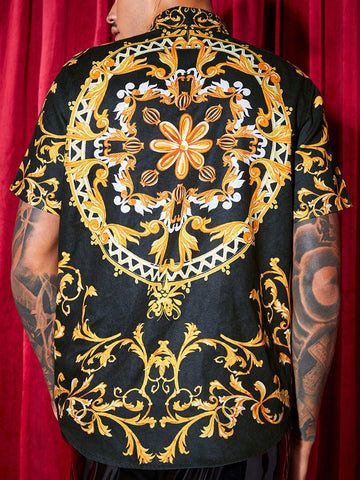 Men's Casual Short Sleeve Baroque Print Woven Shirt