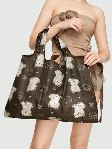 1pc Cartoon Bear Head Design Storage Bag With Large Capacity, Foldable Portable Shopping Tote Bag With Coin Pouch