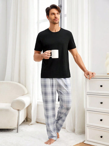 Men's Solid Color Round Neck Top And Plaid Pants Homewear Set