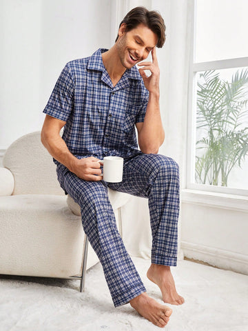 Men's Plaid Short Sleeve Top And Long Pant Pajama Set