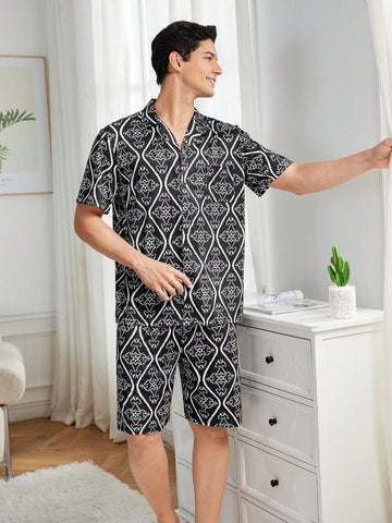 Men's Casual Floral Print Color-Block Short Sleeve Top And Shorts Homewear Set