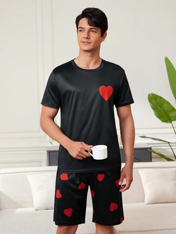 Men's Heart Pattern Printed Short Sleeve And Shorts Homewear Set