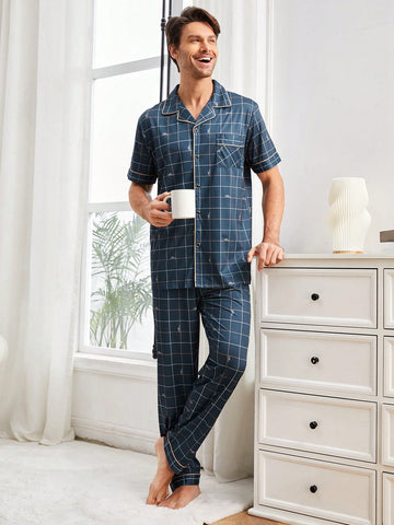 Men's Plaid Turn-Down Collar Short Sleeve And Long Pants Home Wear Set