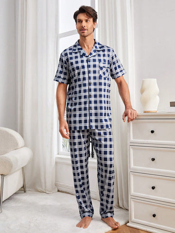 Men's Turn-Down Collar Plaid Casual Short Sleeve Top And Sleepwear With Pocket, Home Clothing Set