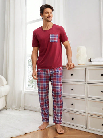 Men's Round Neck Short Sleeve Long Pants Homewear Set