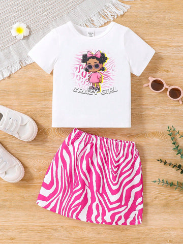 Baby Girl's Cute Casual Knitted Cartoon Girl Pattern Short Sleeve T-Shirt And Zebra Print Skirt Set
