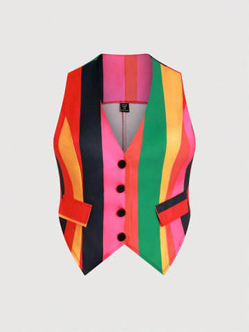 Plus Size Women's Multicolor Striped Sleeveless Suit