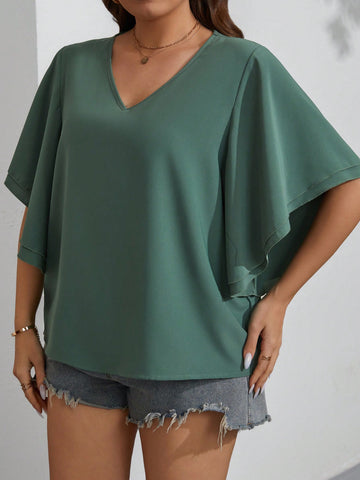Plus Size Solid Color V-Neck Butterfly Sleeve Shirt