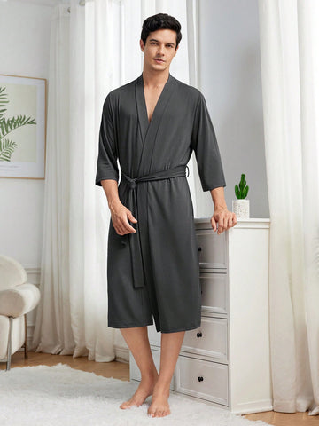 Men's Solid Color 3/4 Sleeve Bathrobe
