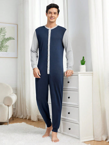 Men's Contrast Color Long Sleeve Button Fly Loungewear Jumpsuit
