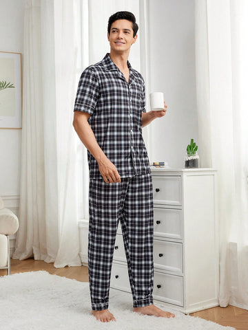 Men's Plaid Short Sleeve Top And Pants Homewear Set