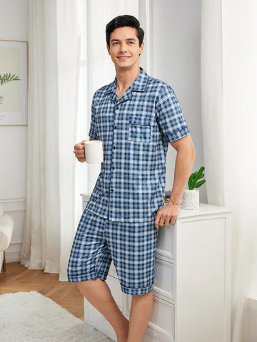 Men's Plaid Short Sleeve Top And Shorts Homewear Set