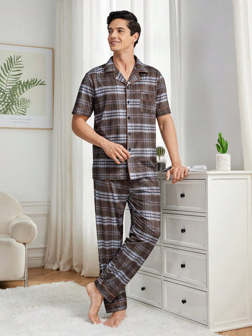Men's Short Sleeve Plaid Top And Pants Homewear Set
