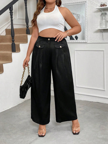Plus Size Solid Color Pleated Dress Pants With Fake Pockets