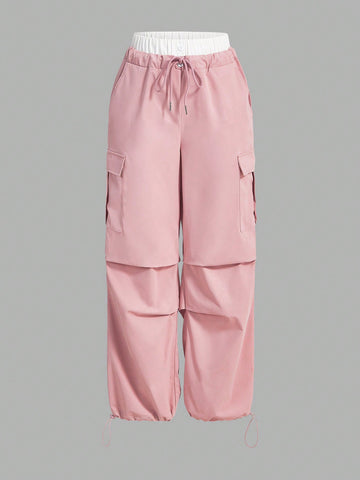 Flap Pocket Color Block Pink & White Contrast Waist Cargo Pants
