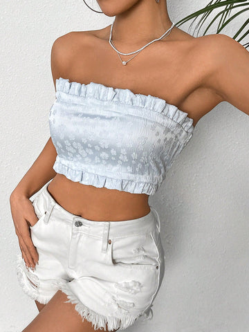 Sexy Strapless Flower Jacquard Cropped Top For Women