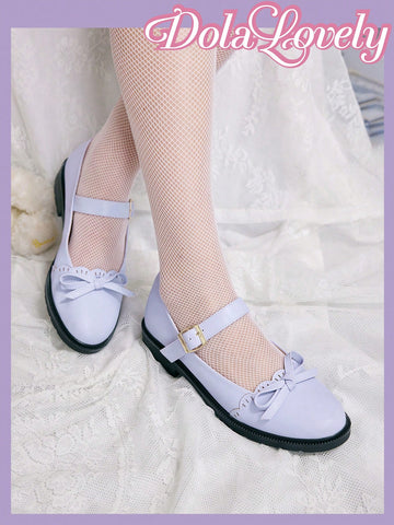 Dola Lovely Girls' Mary Jane Shoes With Bowknot, Laser-Cut Floral Trim And Buckle Strap Closure, Round Toe And Flat Heel