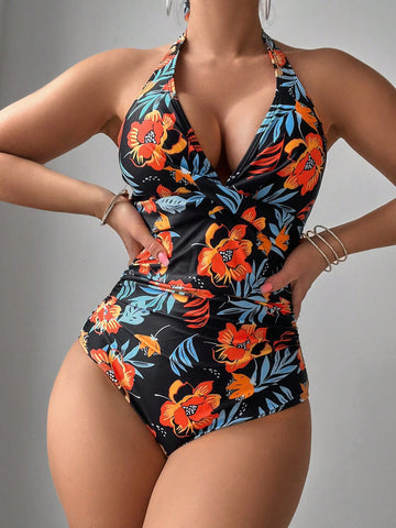 Floral Print Deep V Neckline Lace Up One Piece Swimsuit For Women Carnival