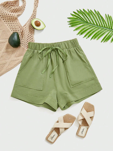 Women'S Vacation Style Double Pocket Front Tie Green Shorts