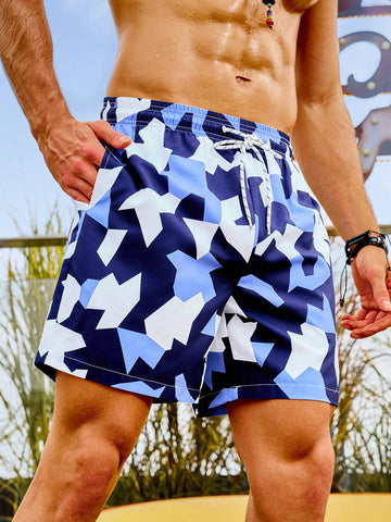Men'S Geometric Printed Drawstring Waist Beach Shorts