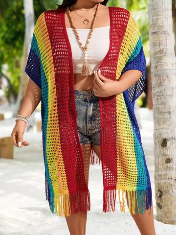 Plus Size Women's Rainbow Striped Fringed Hem Cardigan