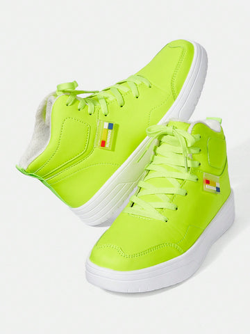 New Year Party Fluorescent Green Mid-High Top Plush Casual Sports Shoes For Winter, With Valentine'S Day, Christmas Gift For Women Skateboarding Streetwear Sneakers