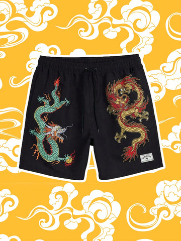 Men's Dragon Pattern Printed Beach Shorts