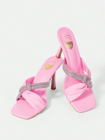 Women's Pink Pu, Rhinestone Decor High Heel, Fashionable Comfortable Square Toe Sandals